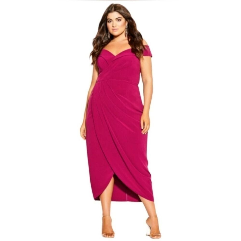 NWT City Chic Ripple Love Off the Shoulder Maxi Dress Magenta Size 12 / XXS